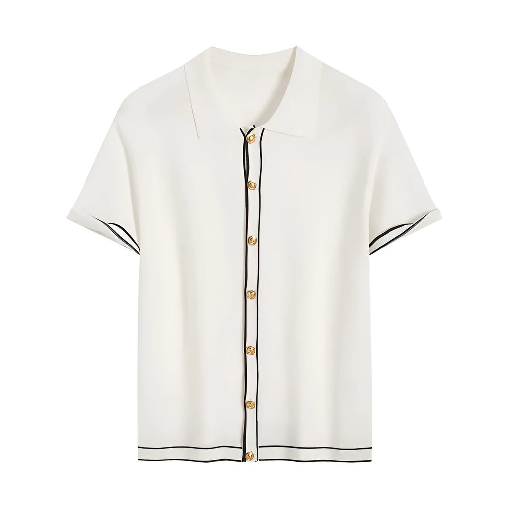 White cardigan with contrast colour lapels and short sleeves laid flat