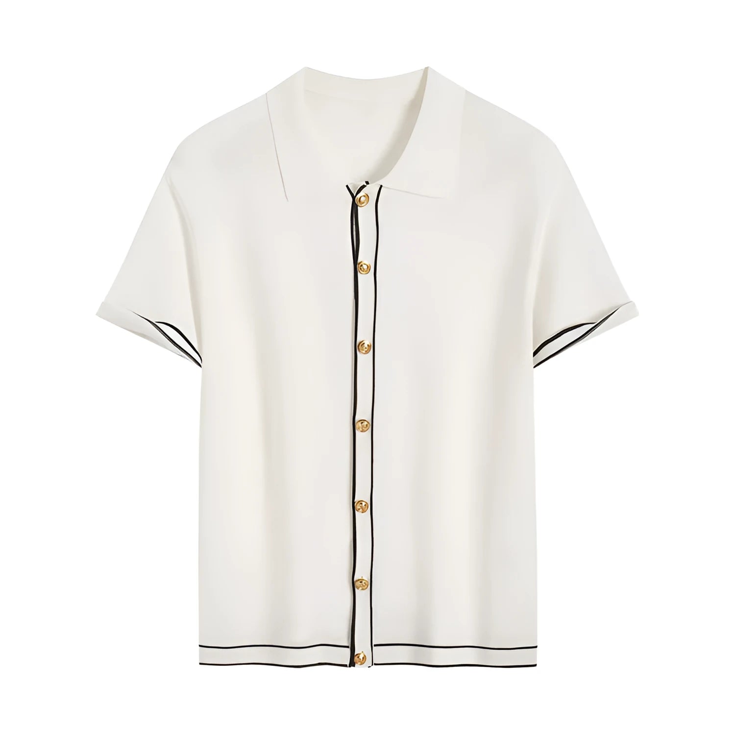 White cardigan with contrast colour lapels and short sleeves laid flat