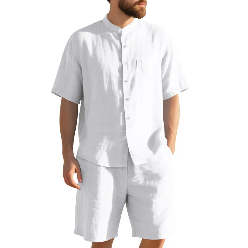 Men's light blue short-sleeve linen shirt and matching shorts, a casual two-piece summer suit set.
