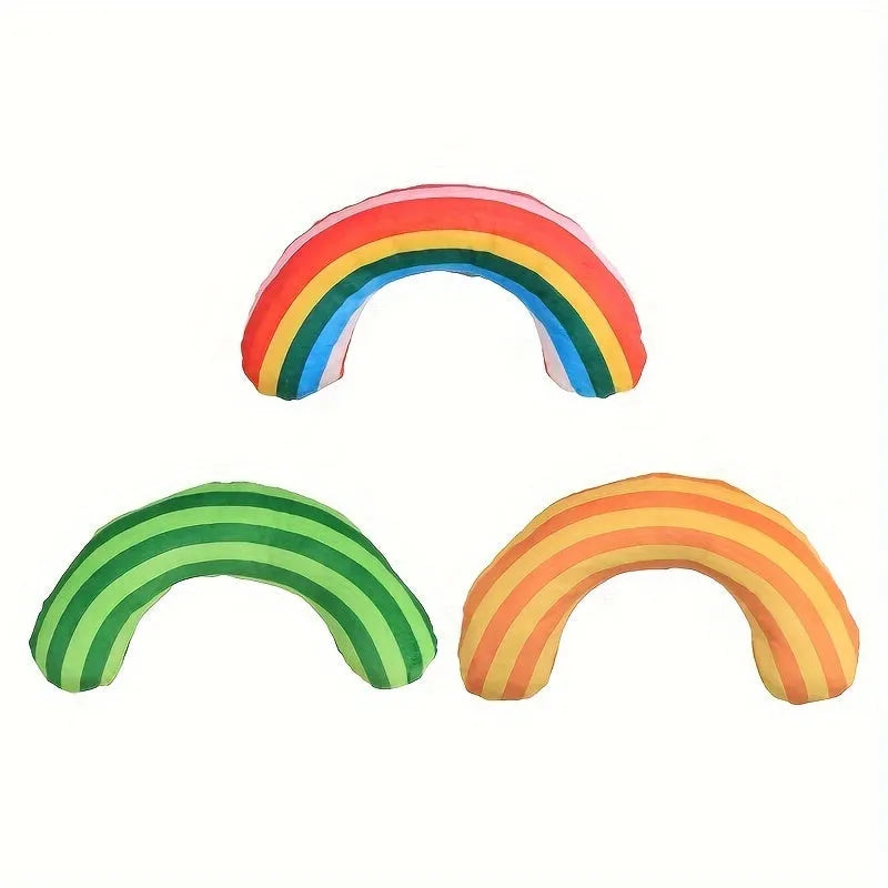 Striped pattern cat pillow measuring 23x20cm with noise toy and catnip elements in green, rainbow, or yellow colours