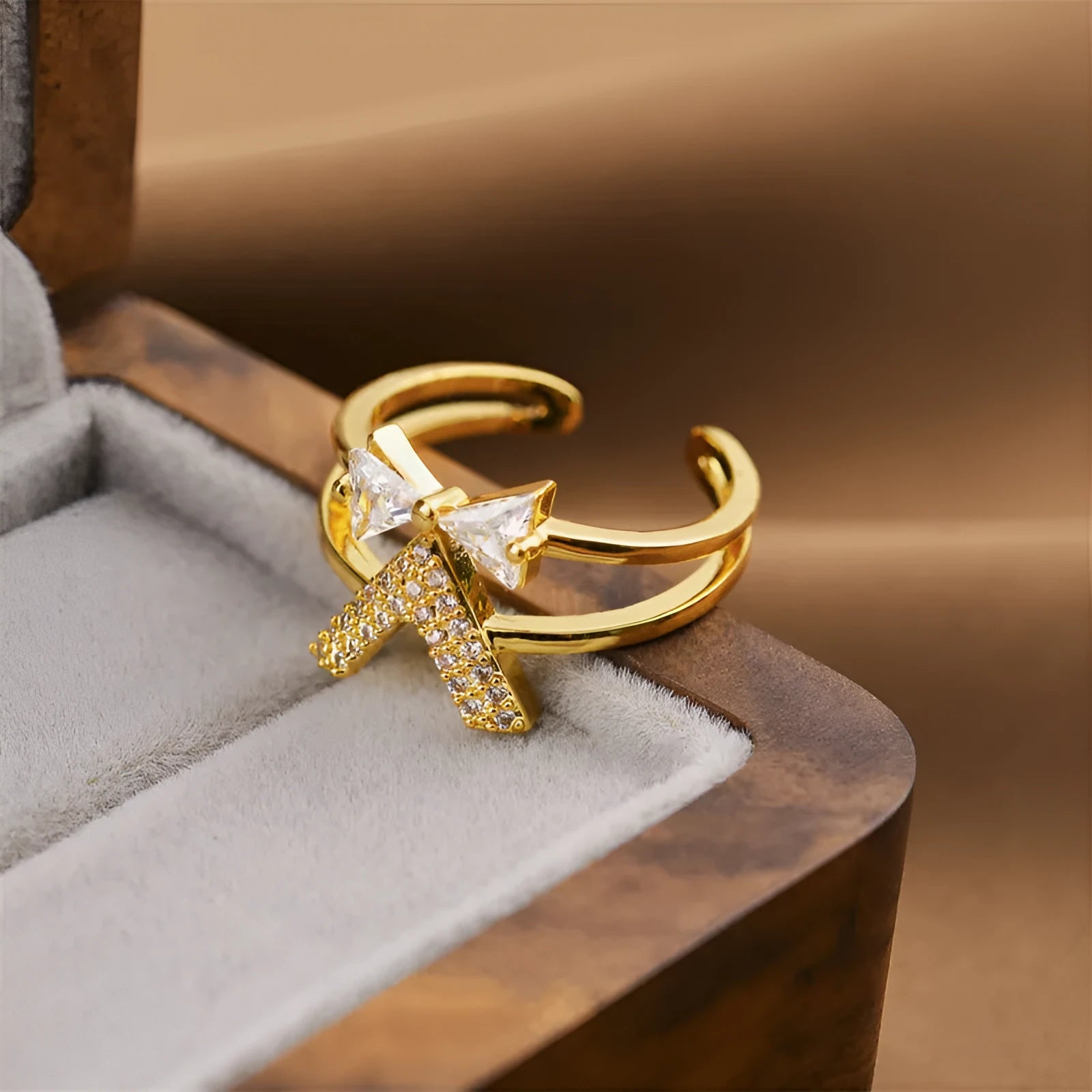 Korean women's open geometric ring with electroplated gold finish on copper