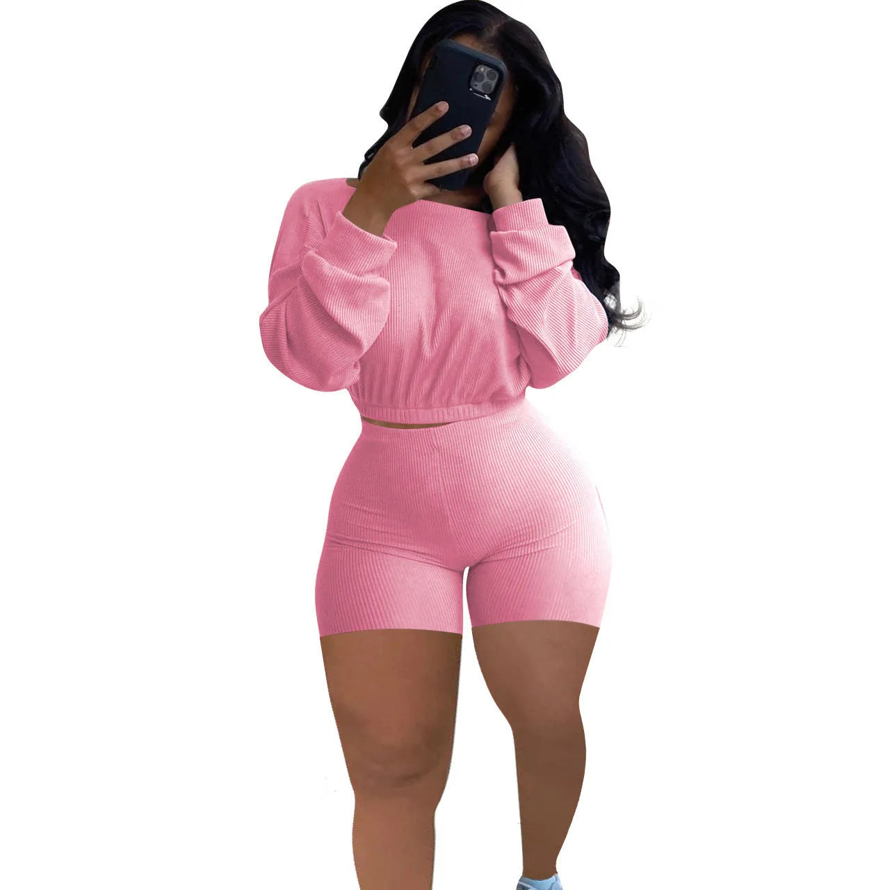 Women's off-the-shoulder two-piece set with sunken stripe pattern in solid colour with long sleeves and shorts