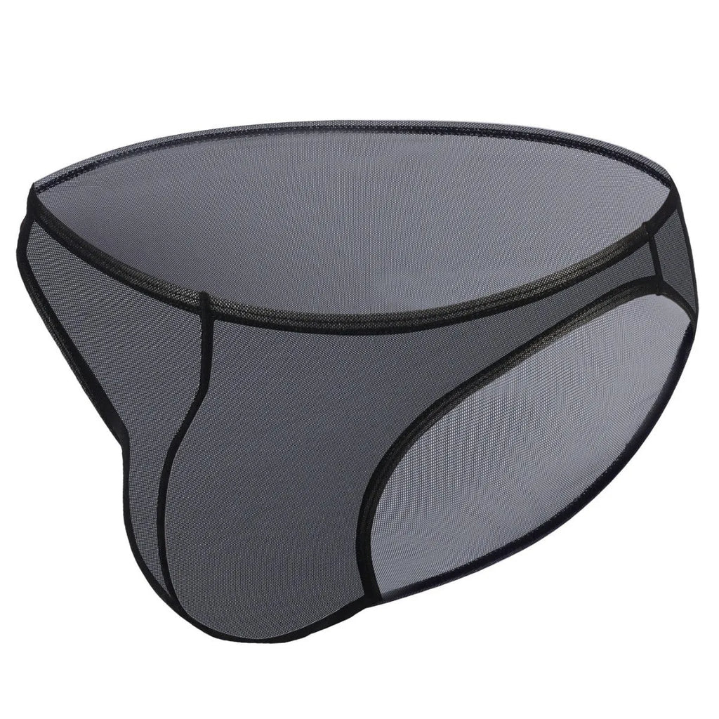 Men's black triangle mid waist nylon shorts laid flat, showing low waist briefs style.