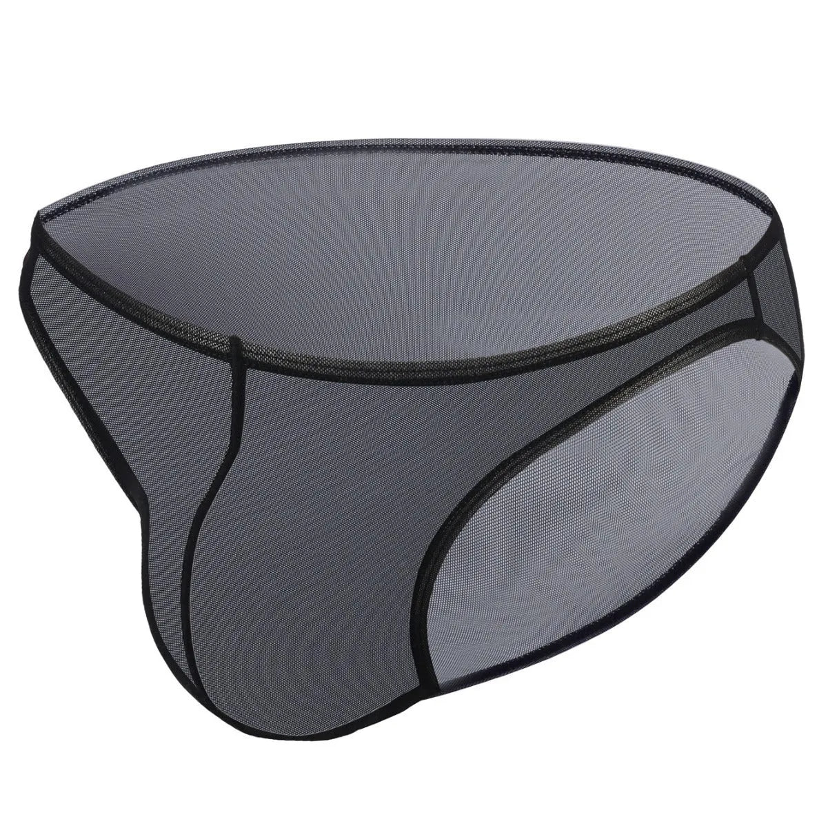 Men's black triangle mid waist nylon shorts laid flat, showing low waist briefs style.