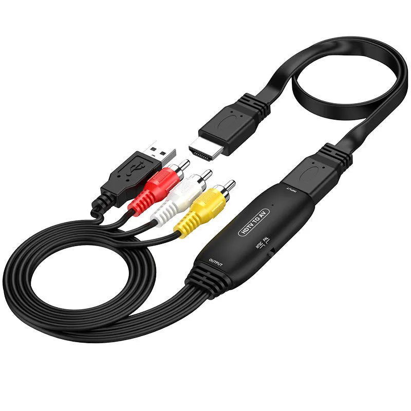 HDMI to AV converter adapter cable with 110cm length showing RCA connector and 2-terminal options