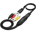 HDMI to AV converter adapter cable with 110cm length showing RCA connector and 2-terminal options