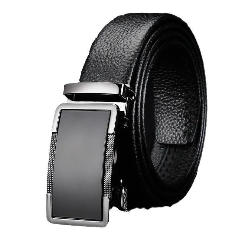 Men's leather comfort click belt with an alloy buckle in gun black, silver, or gold finish.