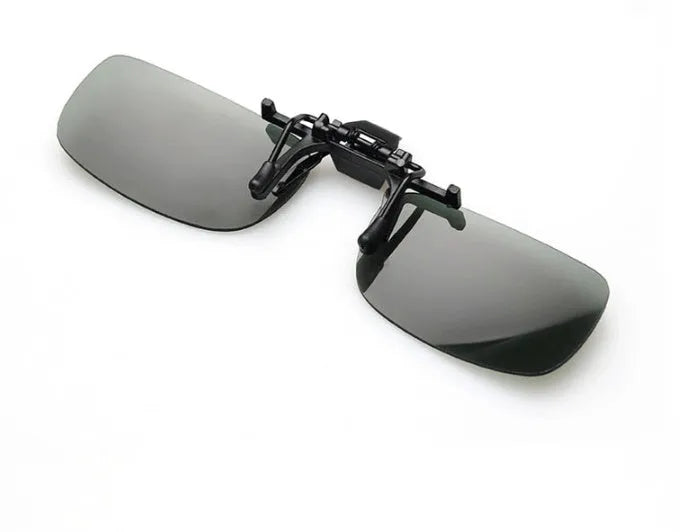 A pair of polycarbonate clip-on sunglasses for prescription glasses, shown in a dark green tint.