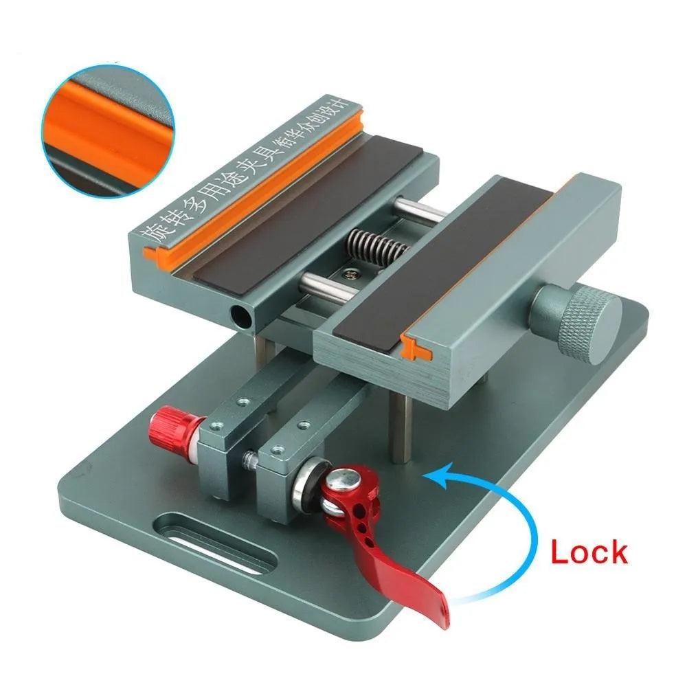 General model mobile phone repair fixture with silicone grips, adjustable clamp, and demolition crowbar on a rotating base.
