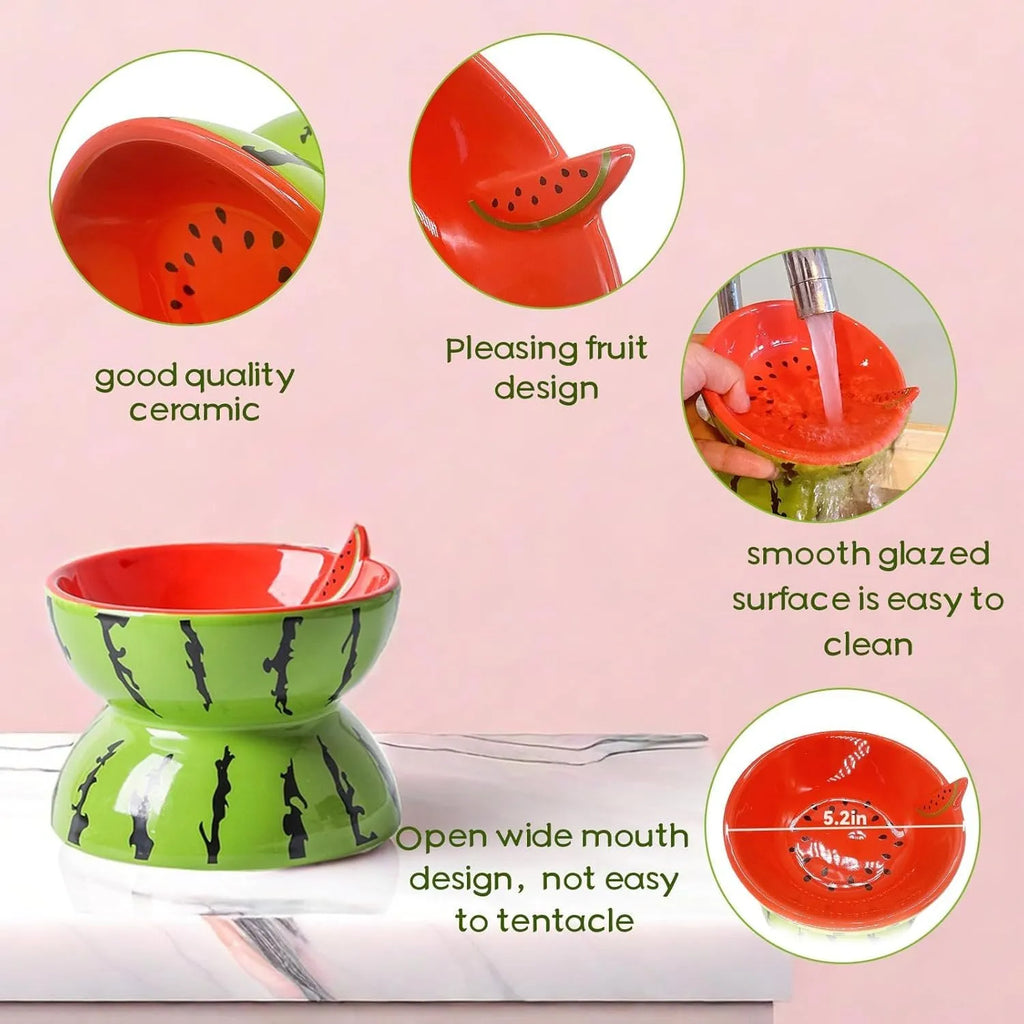 Ceramic raised cat bowl with tilted design and slip-resistant base for food and water feeding