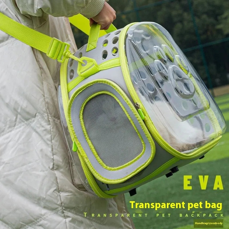 Transparent hard EVA cat backpack carrier in grass green colour with visible interior space