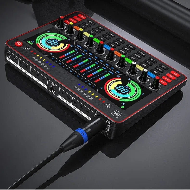 G4 professional live sound card mixer set with microphone, remote control, and audio cables on a table