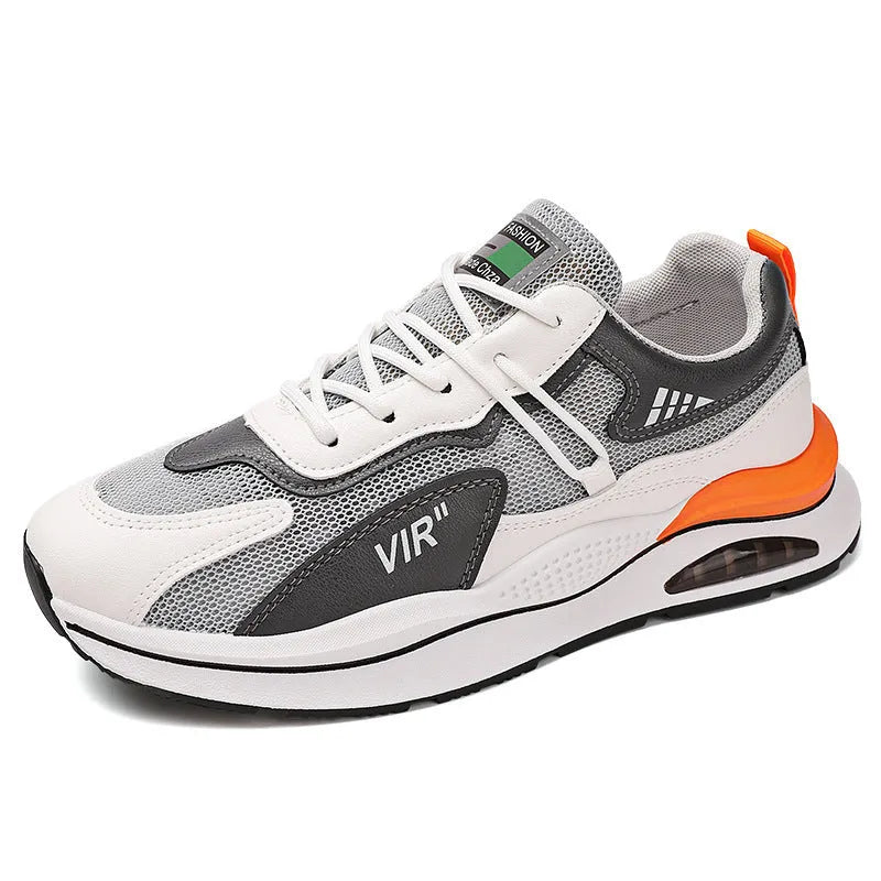 Men's grey mesh casual running shoes with round toe and middle-top design