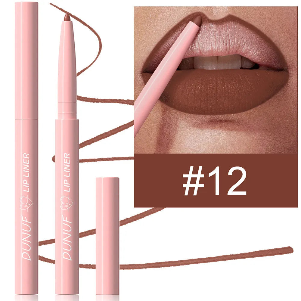 Set of twelve velvet matte lip liners in various shades for precise lip contouring