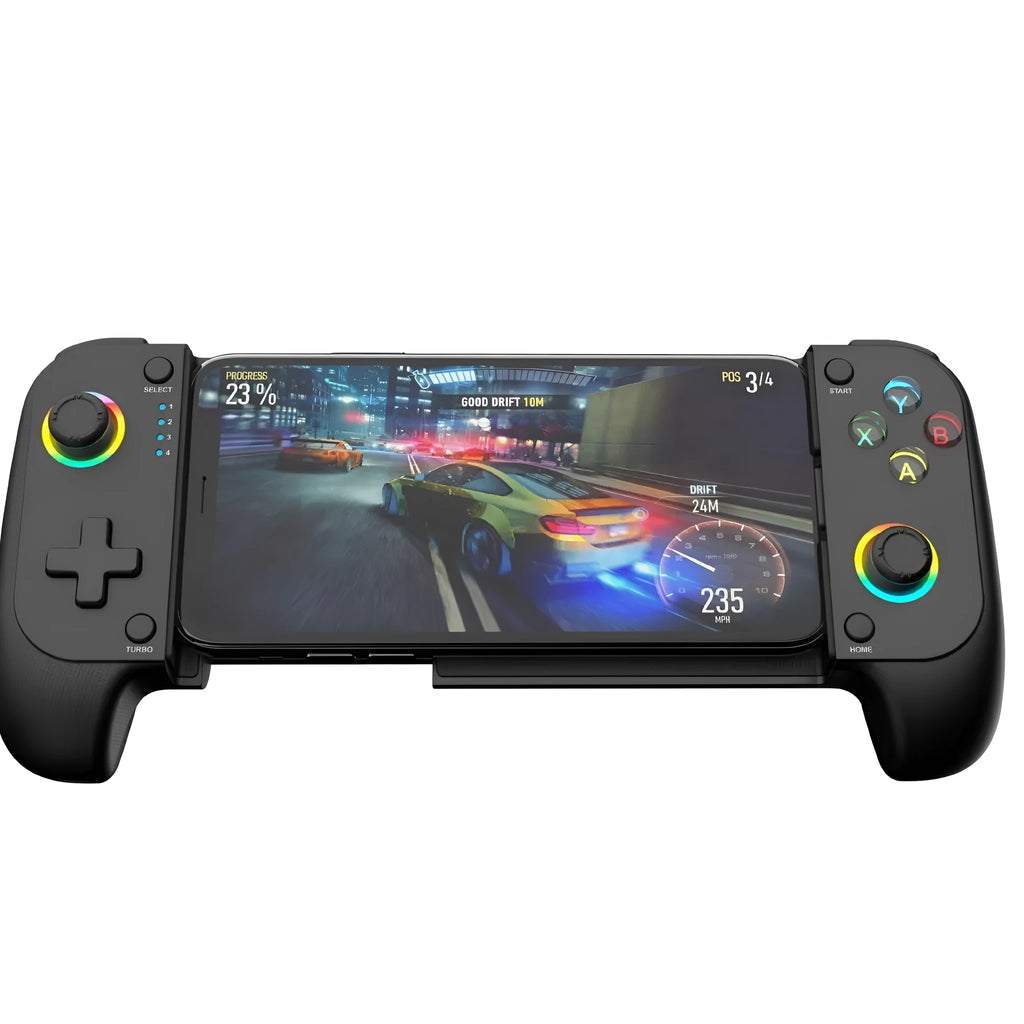 Bluetooth wireless stretching game controller for mobile phones in black, red and blue, or white.