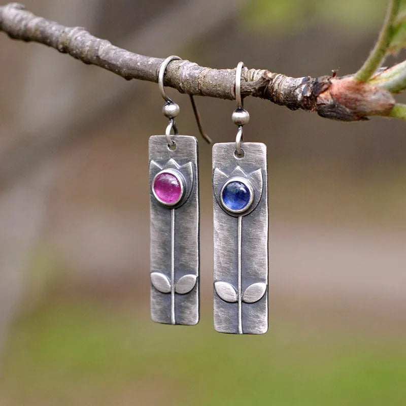Antique finish red sapphire earrings with geometric ellipse design for women