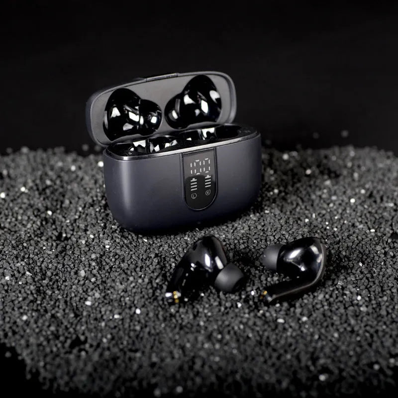Jerry X08 wireless Bluetooth earbuds in black with digital display and charging case.