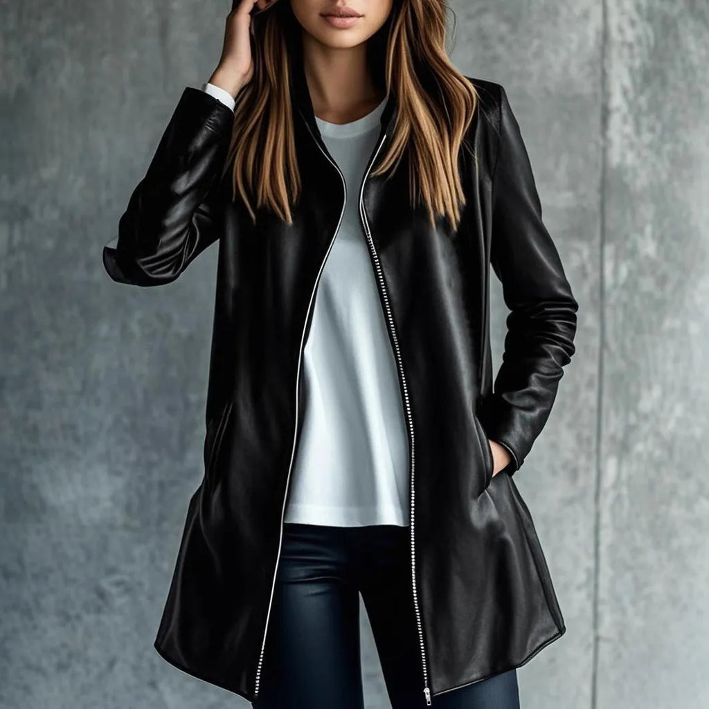 Women's black leather-style jacket with a medium 65cm length and long sleeves.