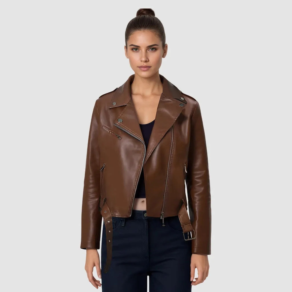 Women's black PU leather motorcycle jacket with lapel collar and decorative belt