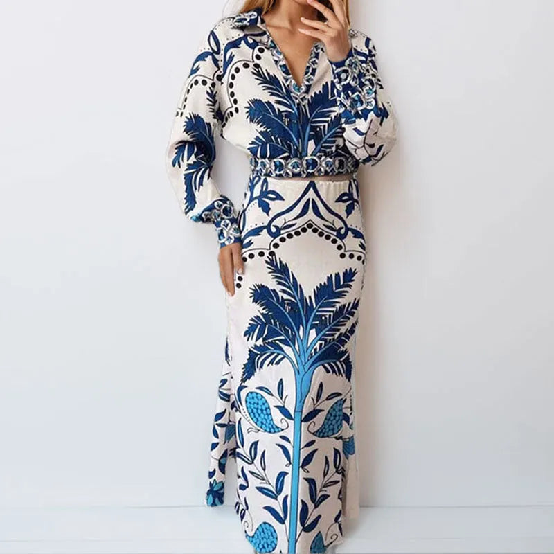 Women's polyester casual fashion set with long sleeves and long skirt in picture colour