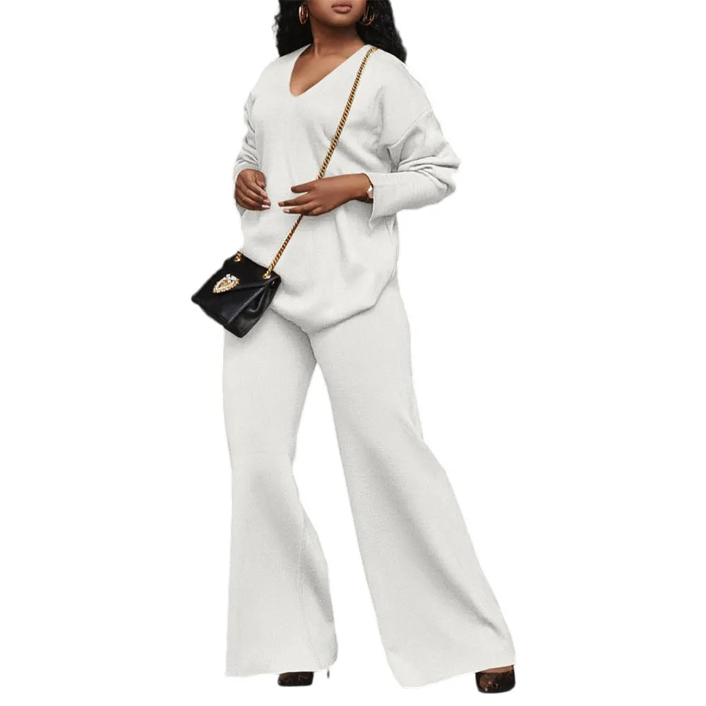 Women's brown suede velvet two-piece lounge suit with split sleeves on the long-sleeved top.