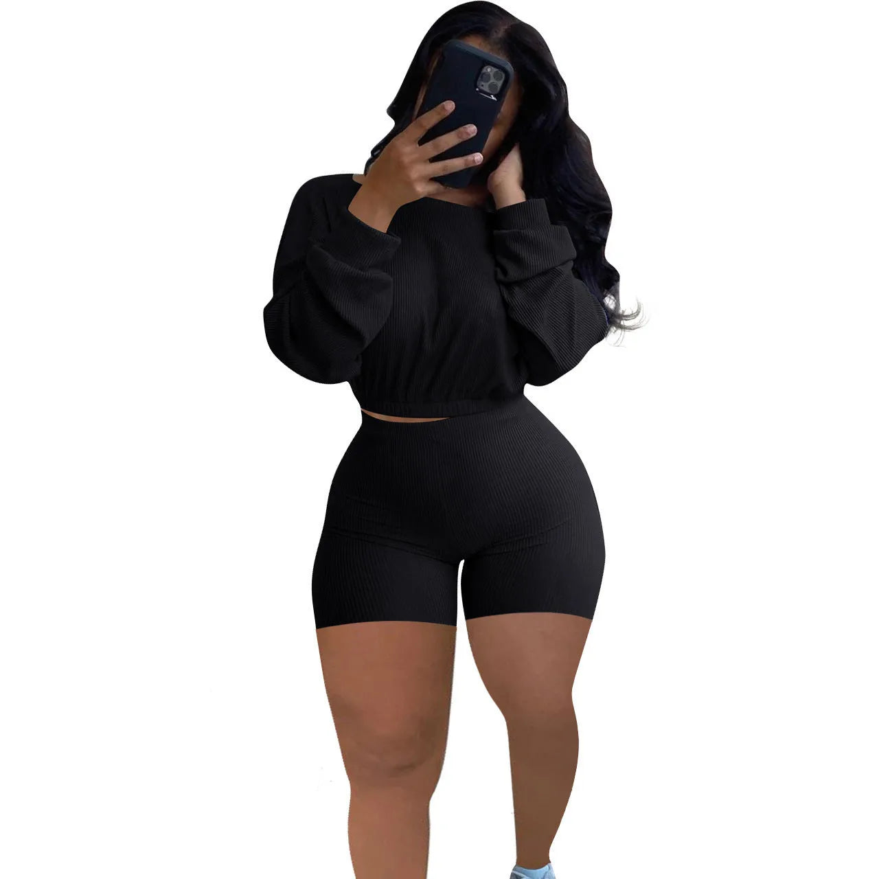 Women's off-the-shoulder two-piece set with sunken stripe pattern in solid colour with long sleeves and shorts