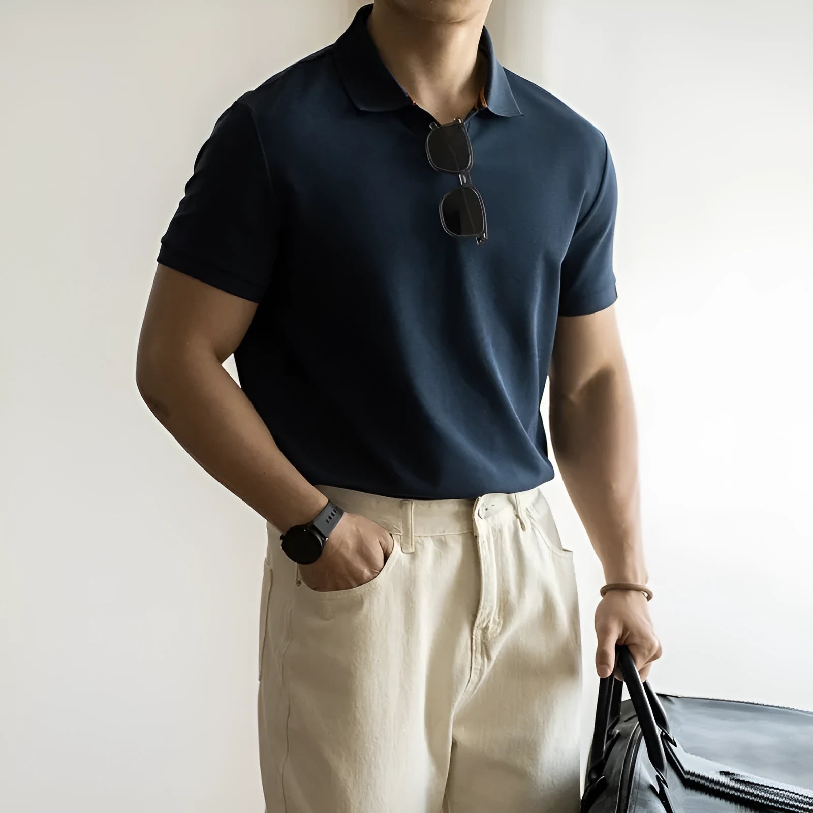 American-style short-sleeve polo shirt in blue, black, or white cotton-polyester blend.