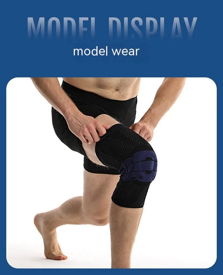 Adult sports kneepad in black and blue colours showing knee protection design