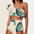 White women's one-shoulder swimsuit with double-layer construction and lotus leaf detailing