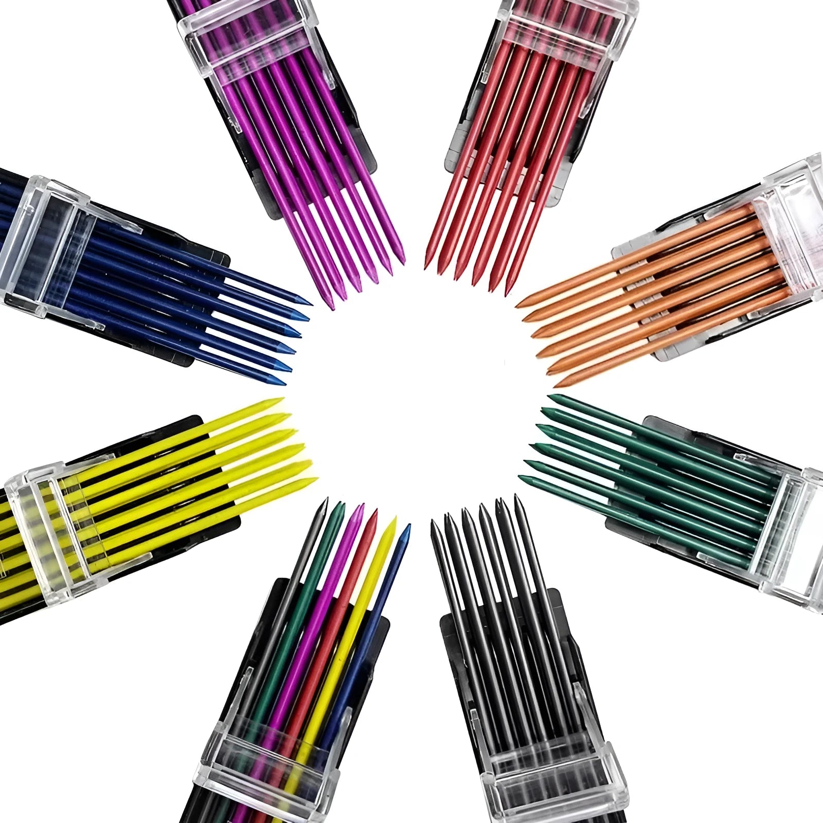 Box of 12 colourful mechanical pencil refill leads for 0.5mm pencils in black blue green orange purple red white yellow