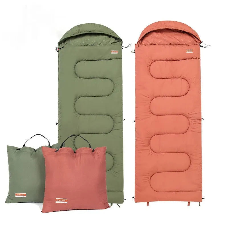 Cotton camping sleeping bag quilt shown in ochre and olive green colour options