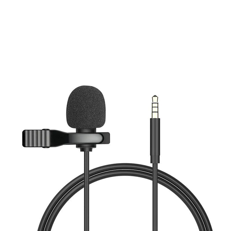 Wired lavalier microphone headset with in-ear headphones and 3.5mm plug for mobile phone recording.