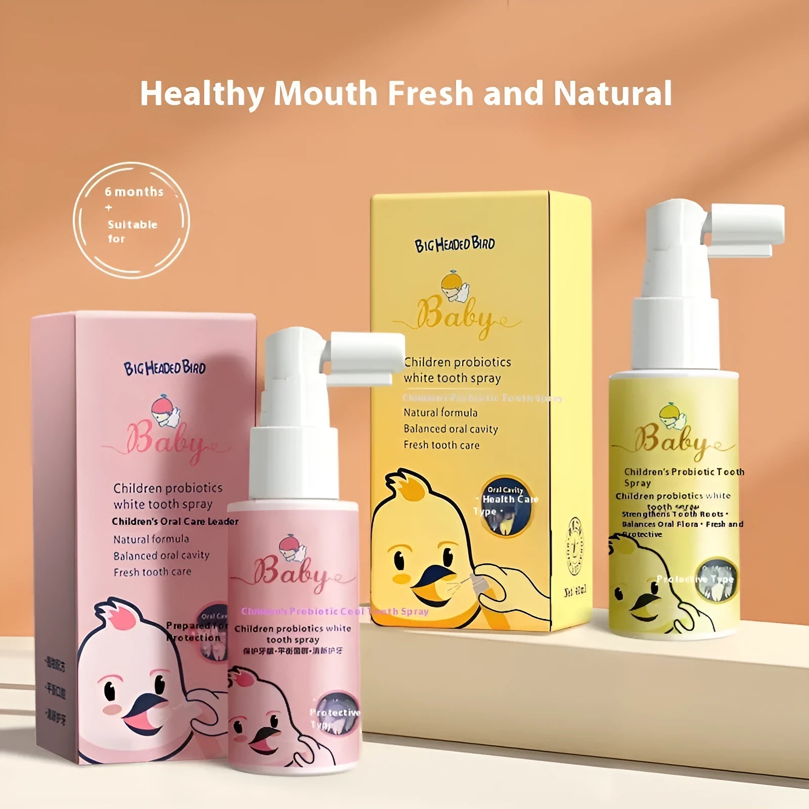 Children's probiotic anticavity teeth cleaning spray in 40ml bottle with strawberry and orange flavour options