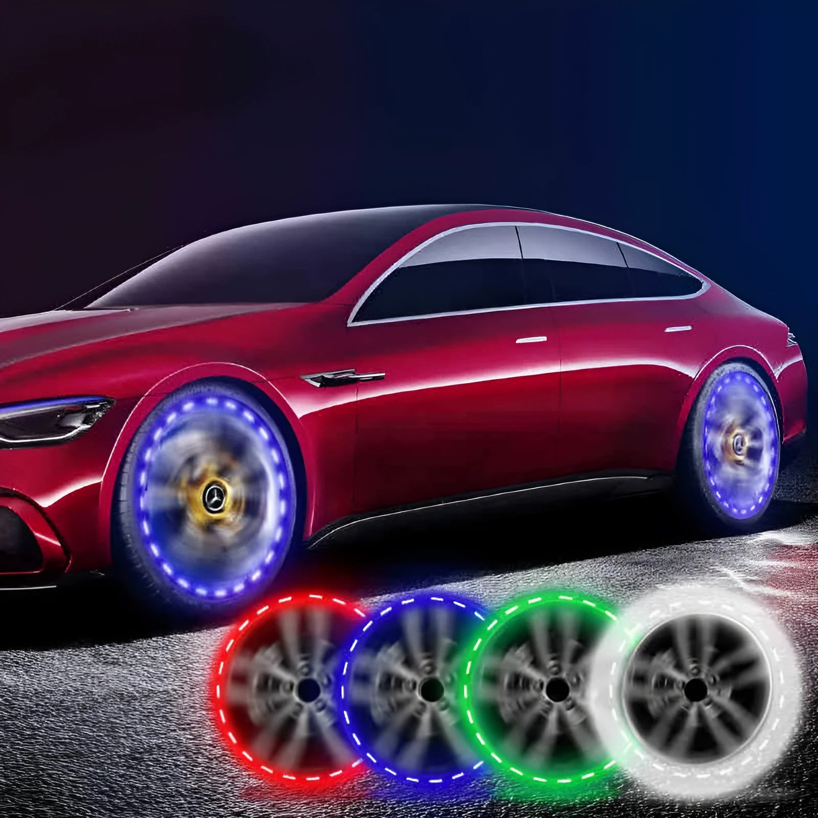 Solar-powered colourful LED hub decorative lights for vehicle wheels with multiple flash modes