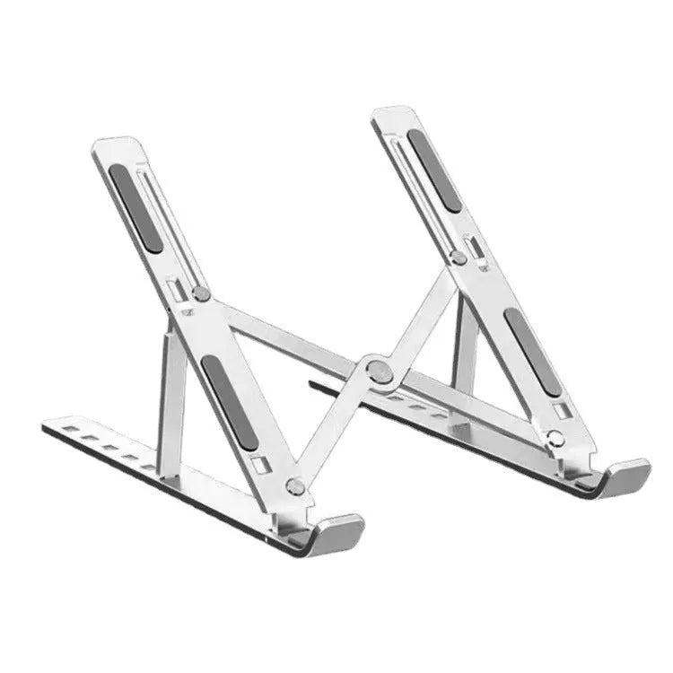 Aluminium laptop stand in silver finish supporting a laptop with improved airflow space