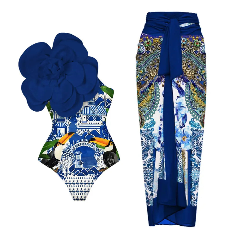 Women's one-piece swimsuit with three-dimensional floral embroidery in polyester fabric
