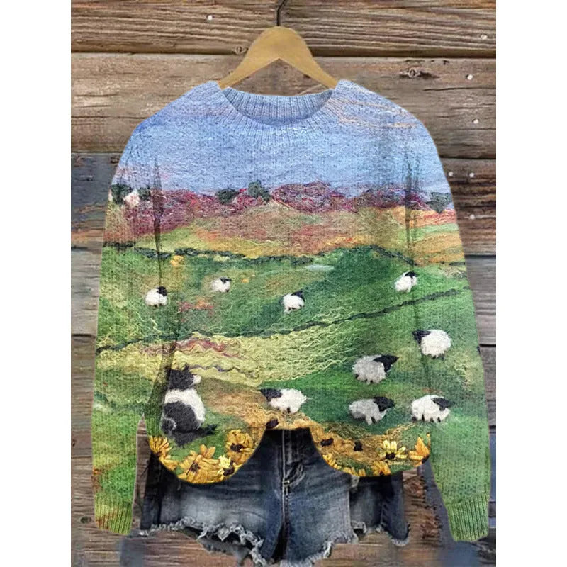 Little Flower digital printed floral pattern sweater in a round neck style.
