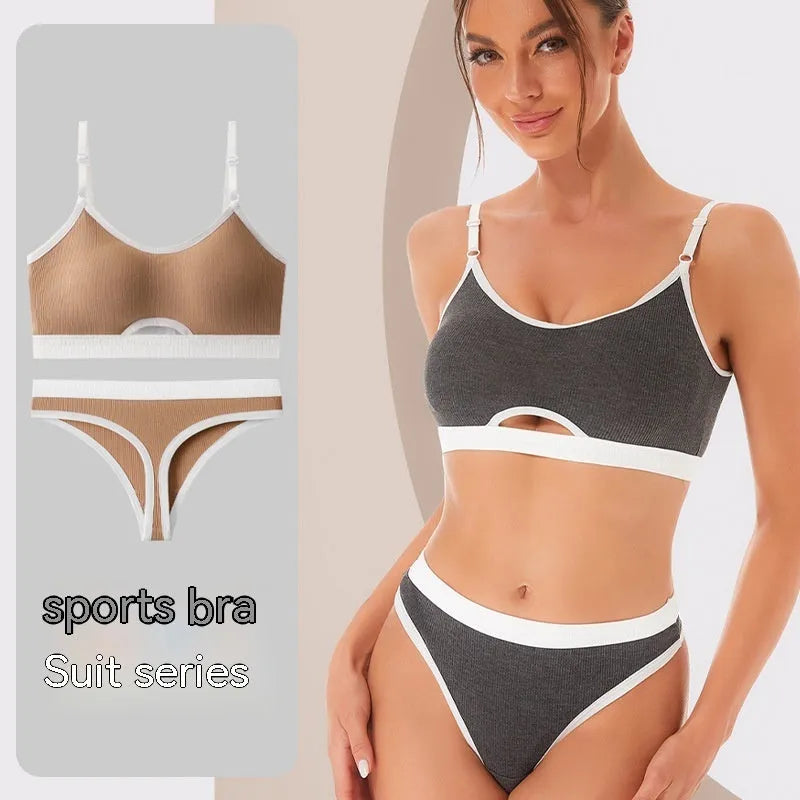 Women's contrast colour sports bra and briefs set with underwired tube top and thin moulded cups.