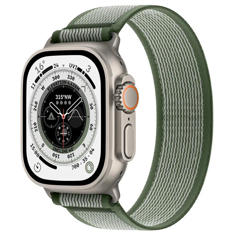 Wild Diameter single ring integrated nylon watch strap for Apple Watch in multiple colour options on a grey background.