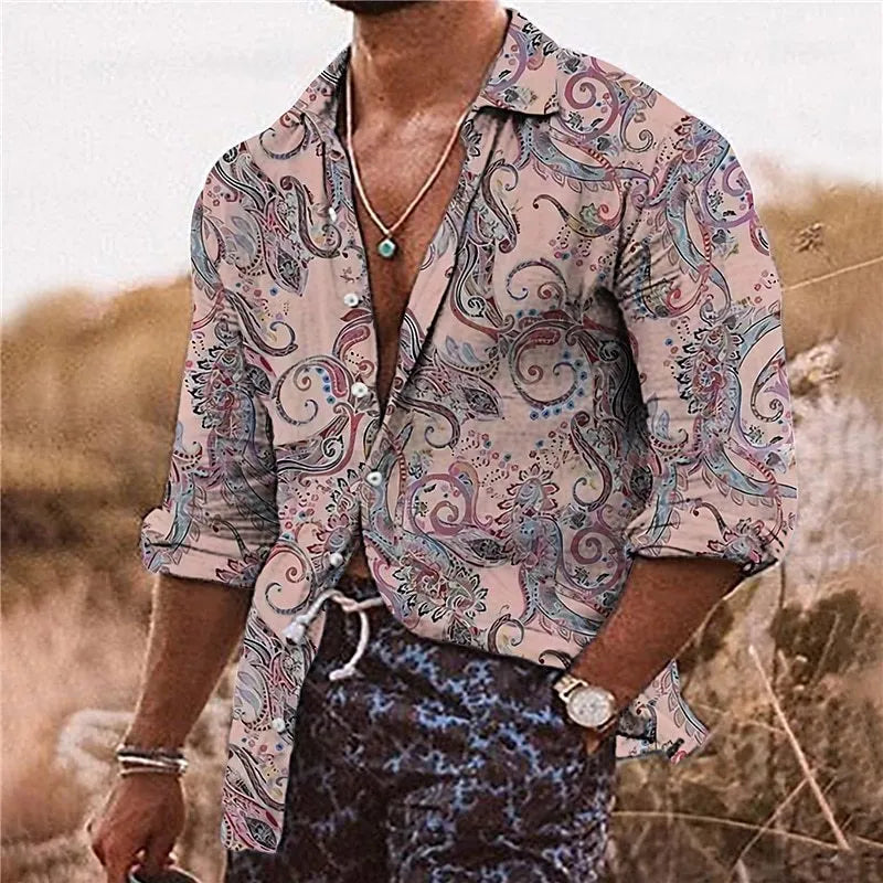 Men's loose fit shirt with 3D floral pattern digital printing in polyester fabric
