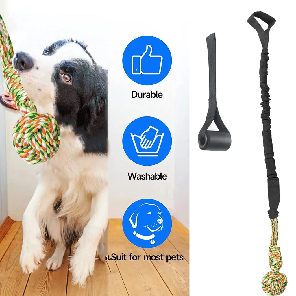 Braided cotton dog tug of war rope toy in red, grey, or black for interactive play and dental care.