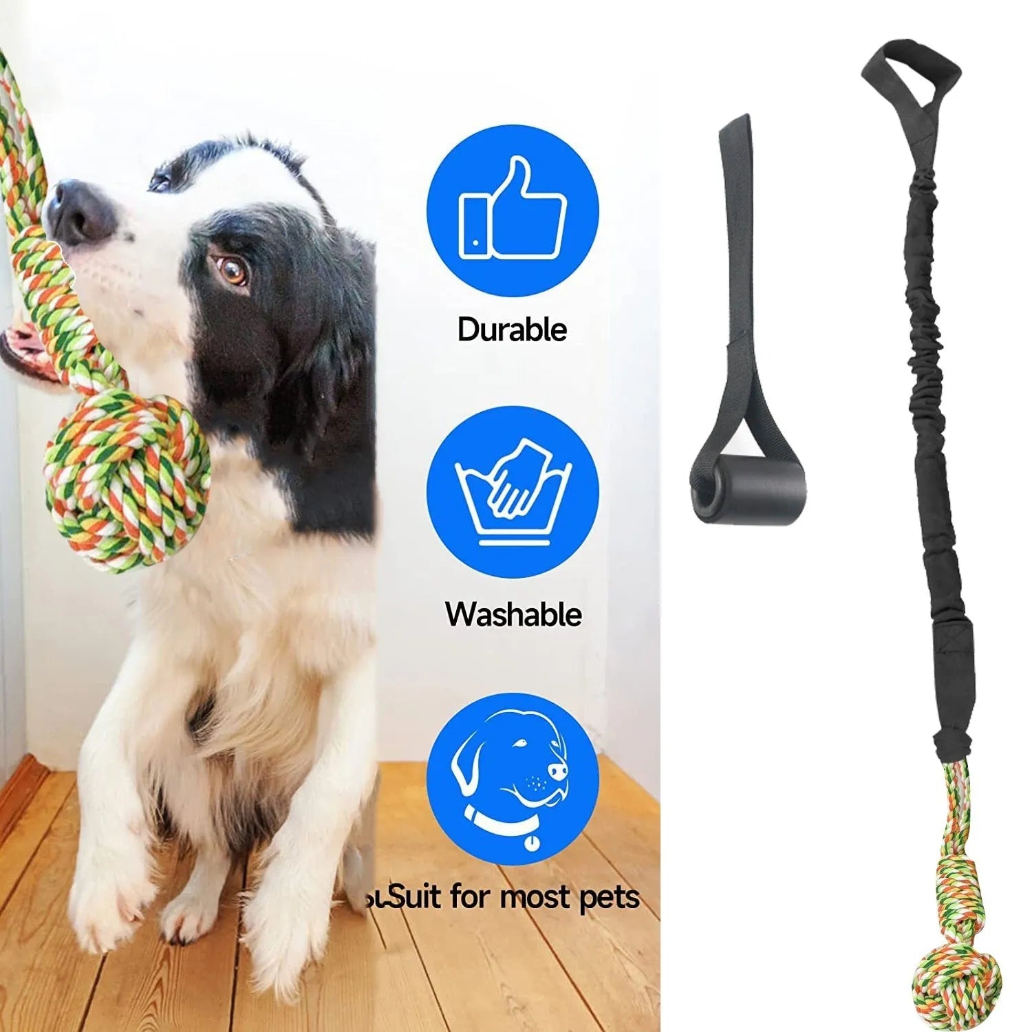 Braided cotton dog tug of war rope toy in red, grey, or black for interactive play and dental care.