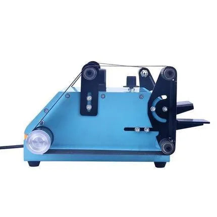 Blue desktop dual-axis belt sander with abrasive belt for knife sharpening and polishing.