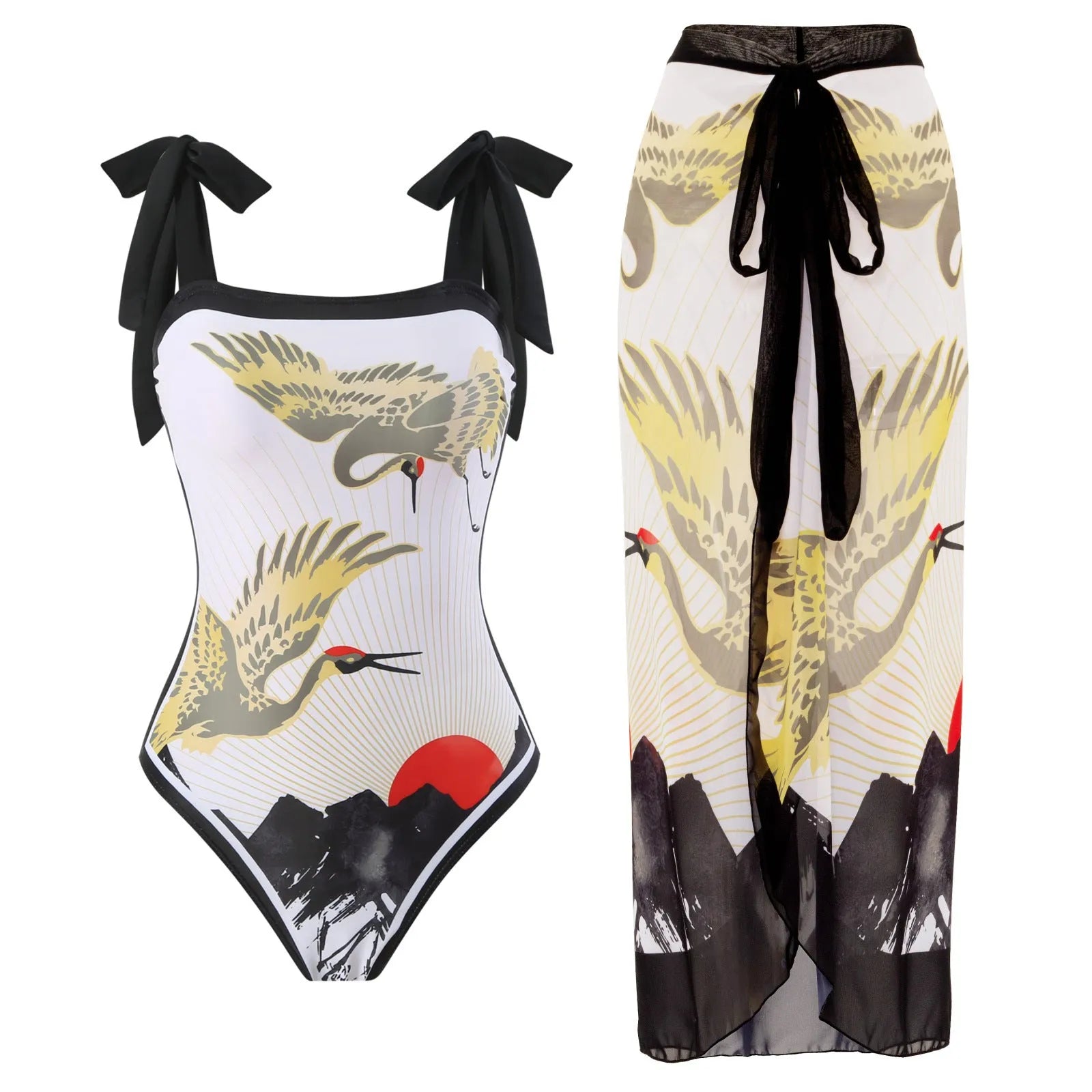 Women's retro floral one-piece swimsuit with chiffon skirt in yellow and black feather patterns