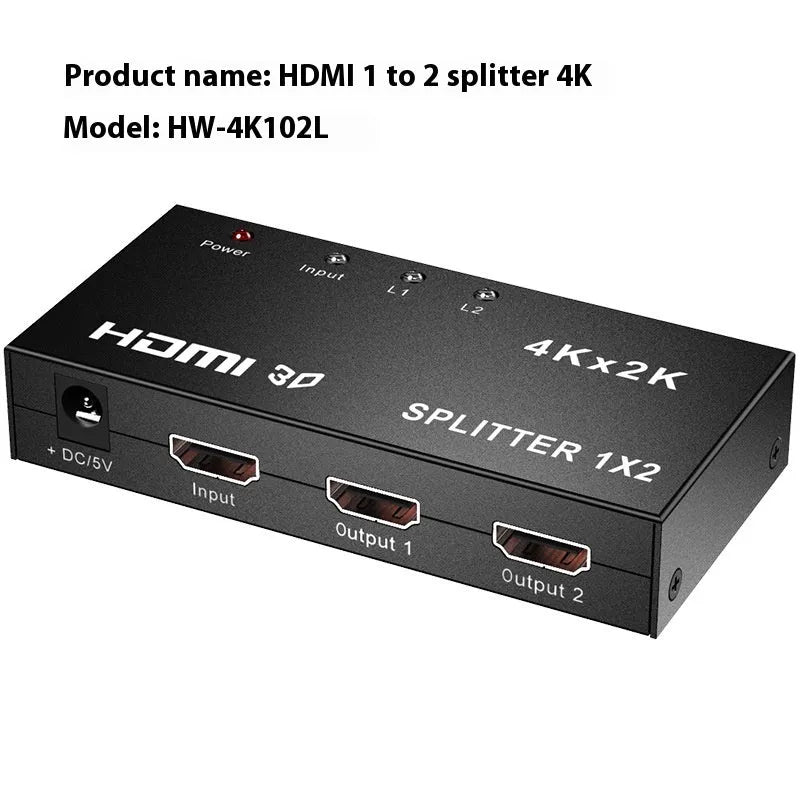 4K HDMI splitter device with one input and two output ports for dual display setup