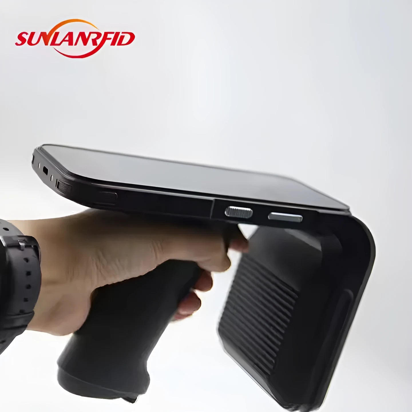 SLP-05 black handheld Android UHF RFID scanner with integrated reader and display screen.