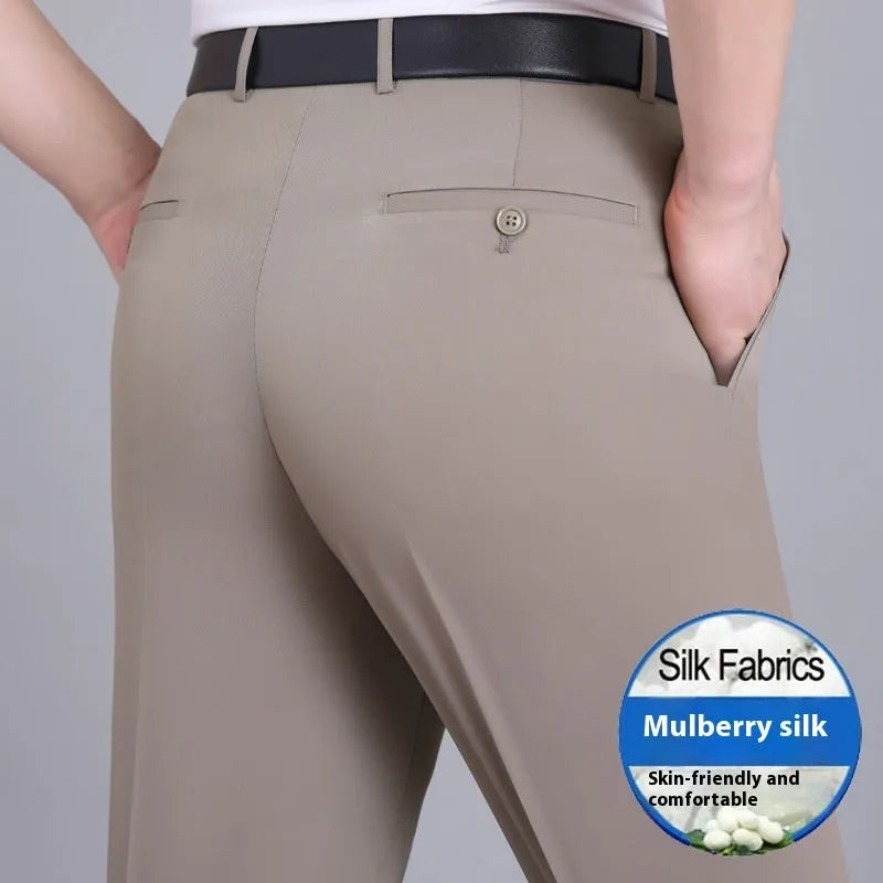 Men's mulberry silk business trousers in straight leg cut with high waist design