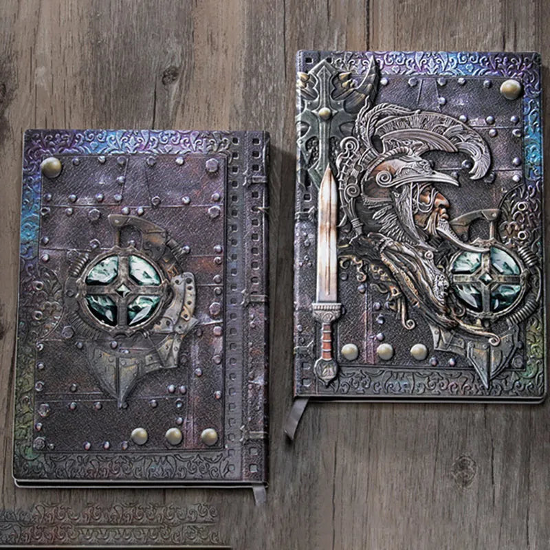 A5 leather notebook with 3D embossed warriors relief design in bronze, red bronze, silver, and multicolor colours.