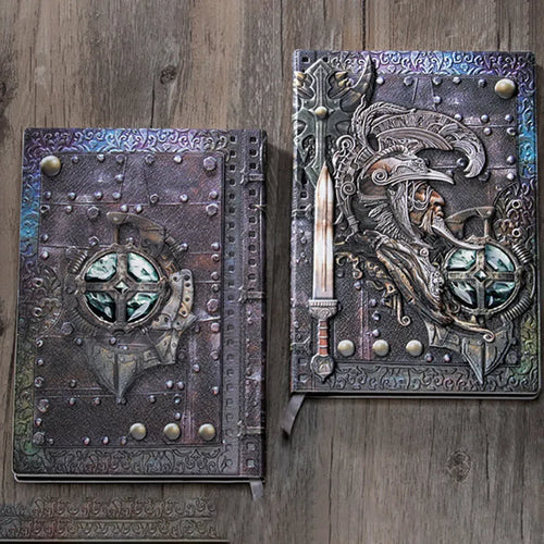 A5 leather notebook with 3D embossed warriors relief design in bronze, red bronze, silver, and multicolor colours.