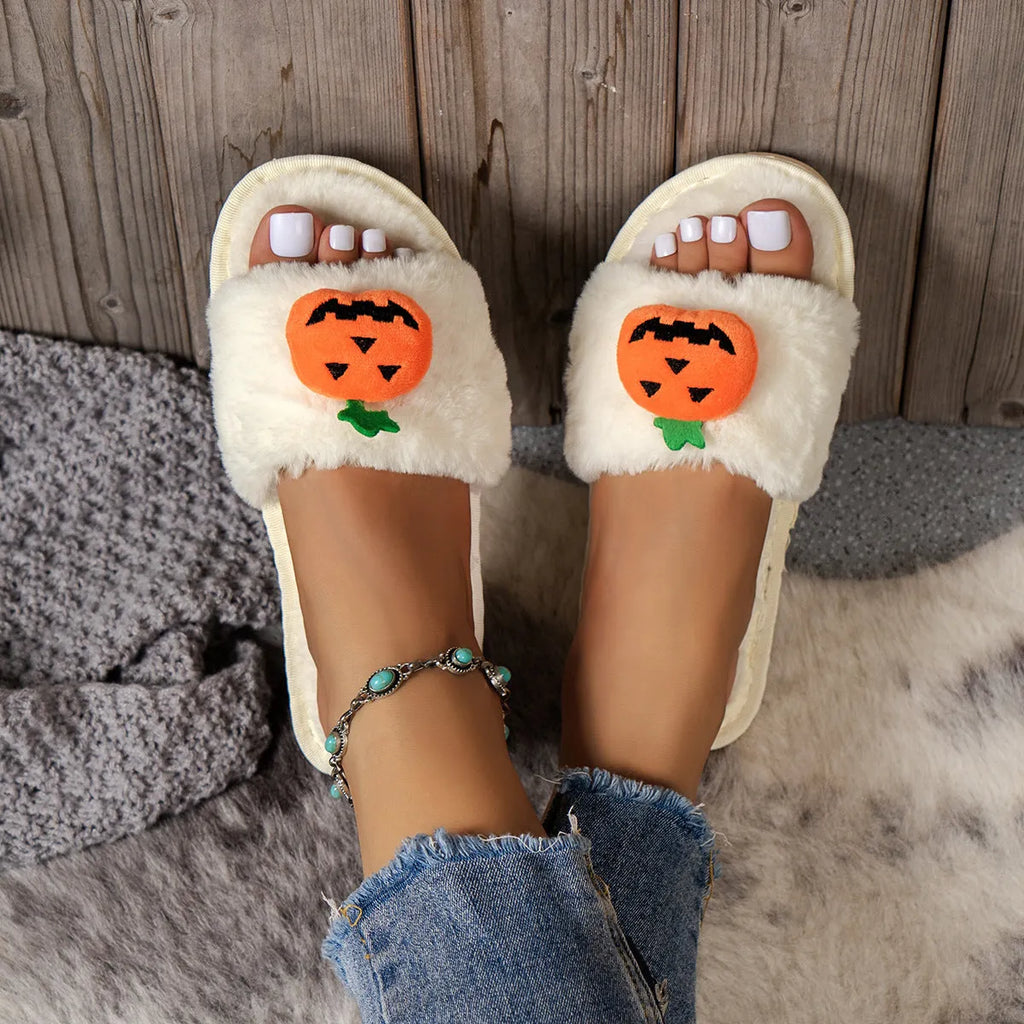 Halloween pumpkin cartoon plush slippers with synthetic fur upper and anti-slip PVC soles